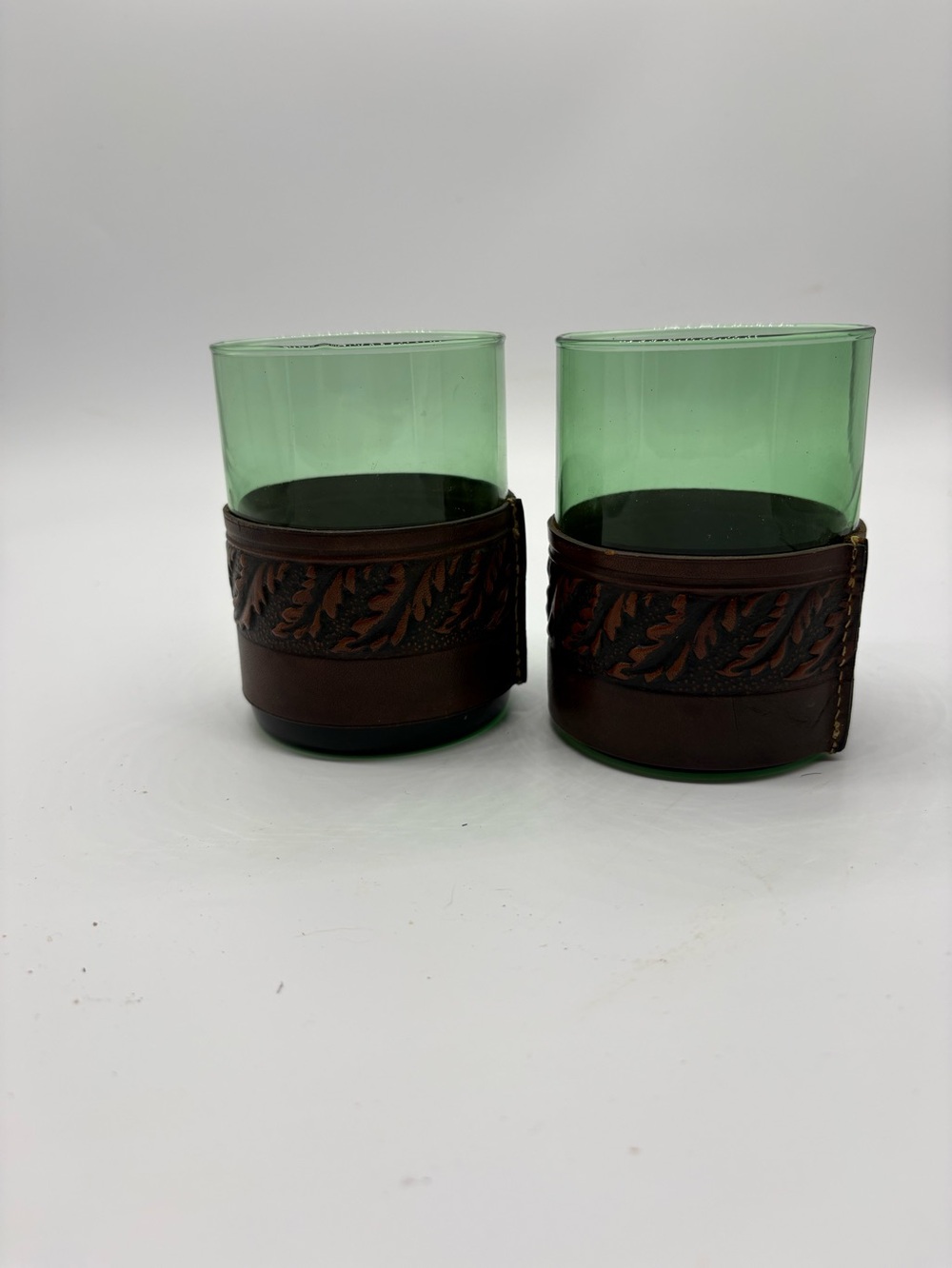 Handcrafted Green Glass Tumbler with Brown Leather Sleeve - Set of 2